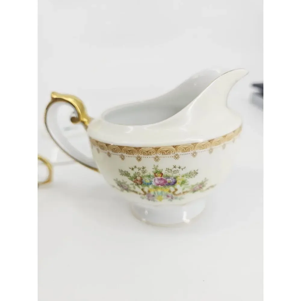 Meito Jewel Floral & Gold Pattern Set Of 2 Cups & Saucers & Creamer Japan